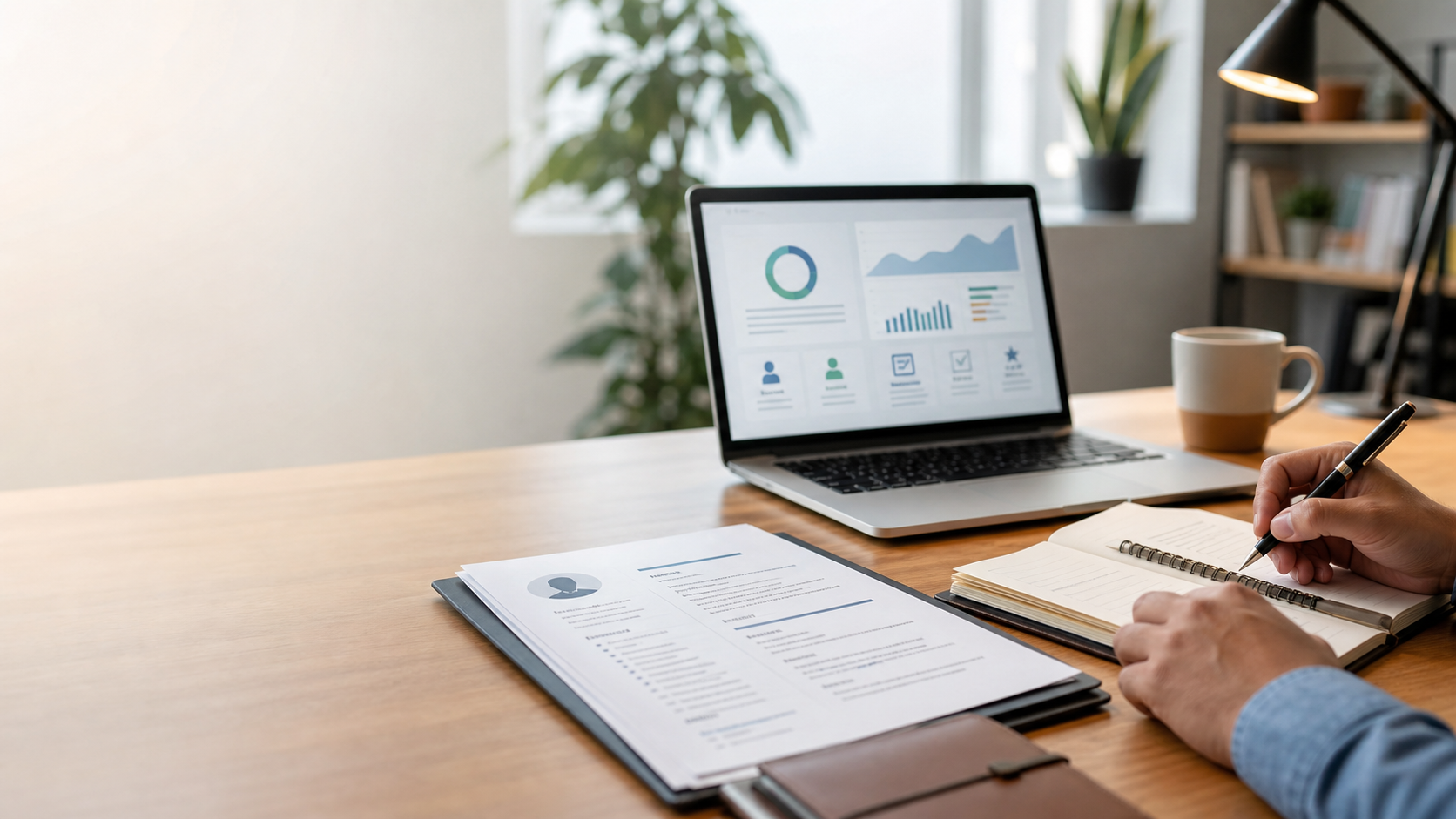 A professional desk with resume notes and interview preparation materials